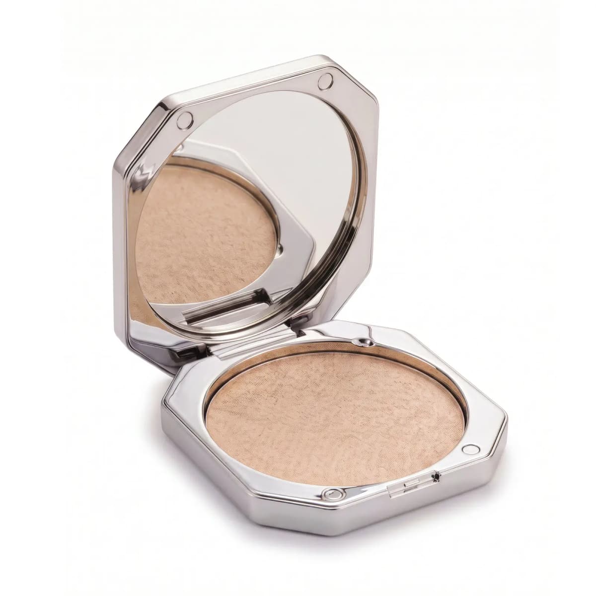 Open mirrored silver compact showing a light beige powder with textured surface reflected in the mirror