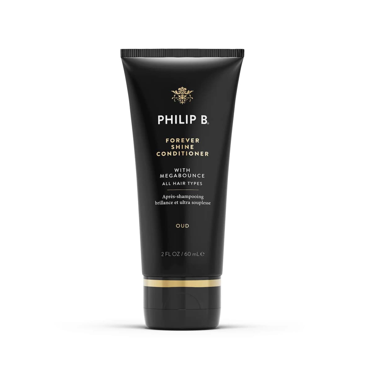 Philip B Forever Shine Conditioner in a black 60 mL squeeze tube with gold lettering and a gold band