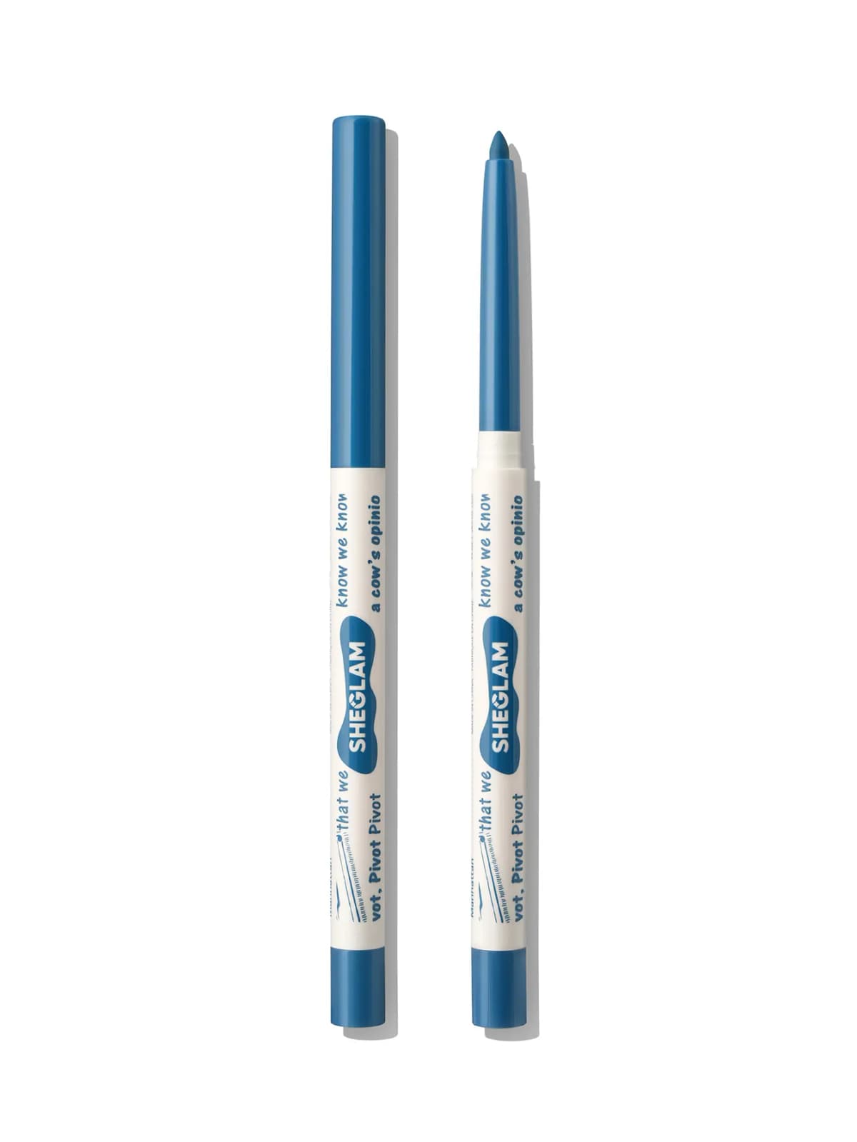 Blue SHEGLAM kohl eyeliner pencil shown capped and uncapped, with Friends quotes printed on a white band