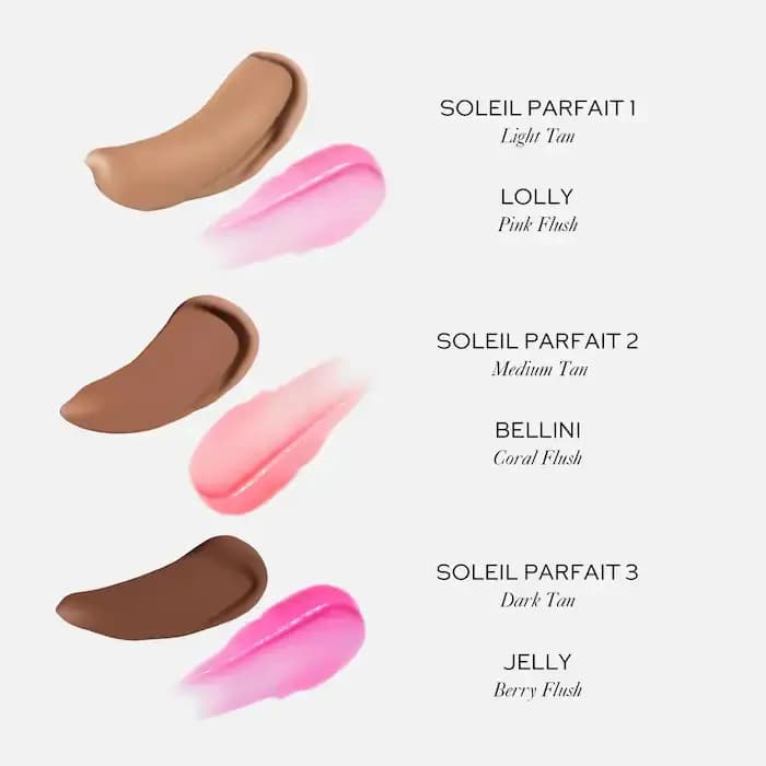 Swatches of three Soleil Parfait bronzers with Lolly, Bellini, and Jelly blushes labeled beside each