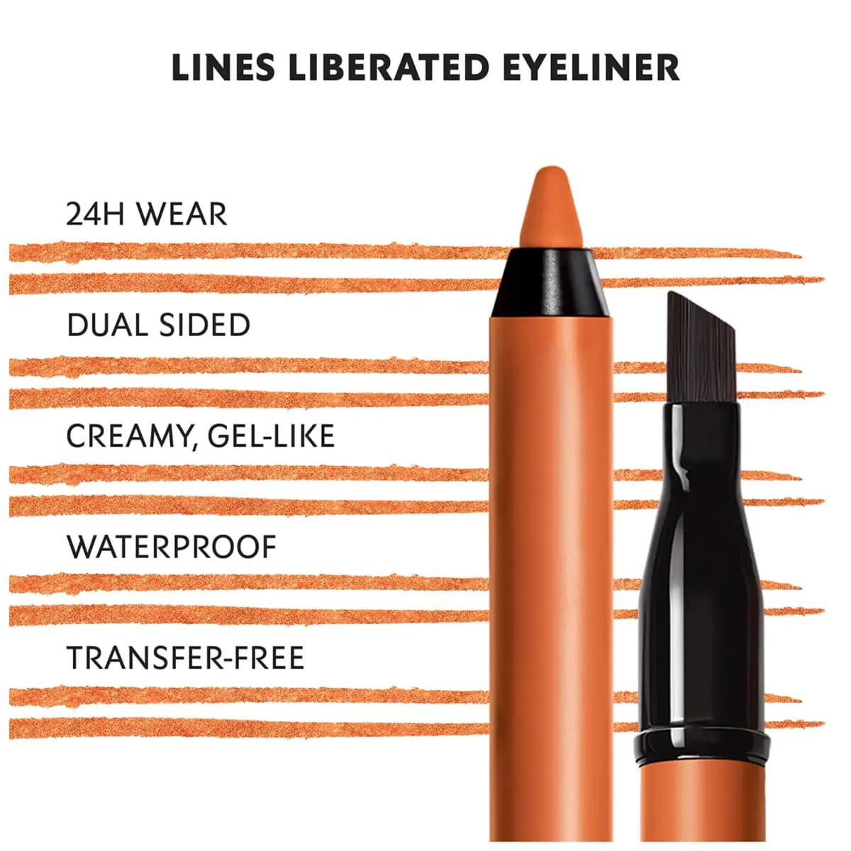 Orange Lines Liberated pencil tip and angled brush over bright orange swatch lines with product feature labels.