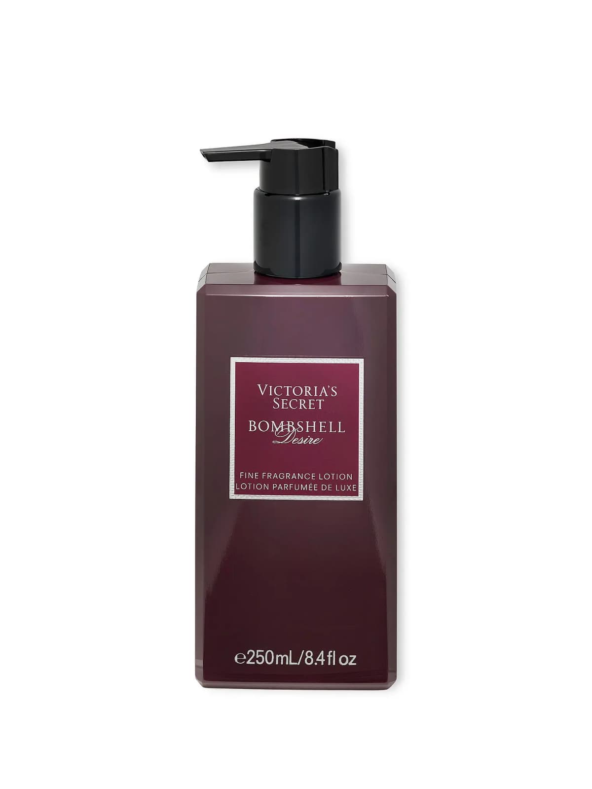 250 ml Fine Fragrance Lotion in a deep burgundy pump bottle with a black dispenser