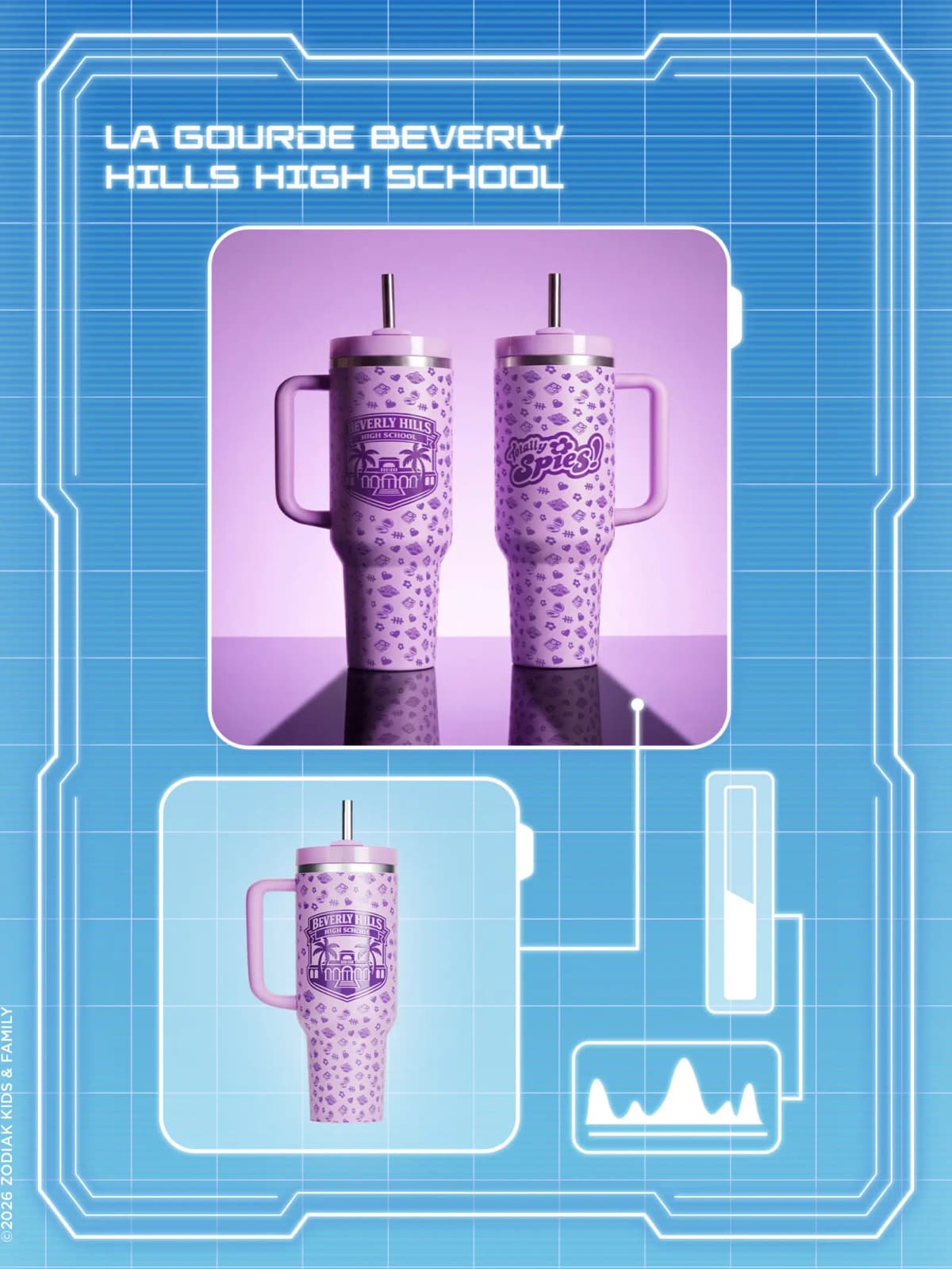 Two purple tumblers with straws featuring Beverly Hills High School crest and Totally Spies logo on patterned background.
