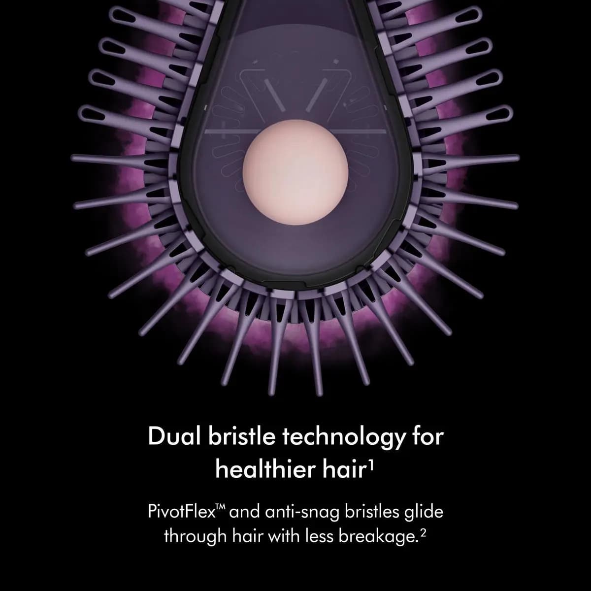 Top-down cutaway of the teardrop brush head showing purple PivotFlex and anti-snag bristles fanned around a pink cap