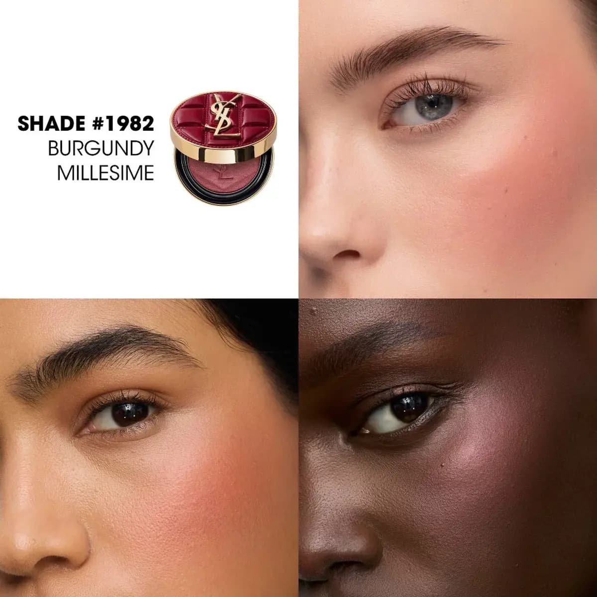 Round quilted burgundy blush compact in #1982 Burgundy Millesime with flushed cheek swatches on three skin tones