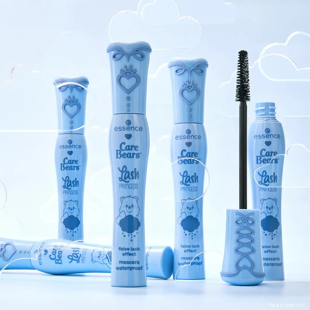 Lash Princess mascaras in blue Care Bears packaging with heart and crown embossing and a fluffy brush wand.