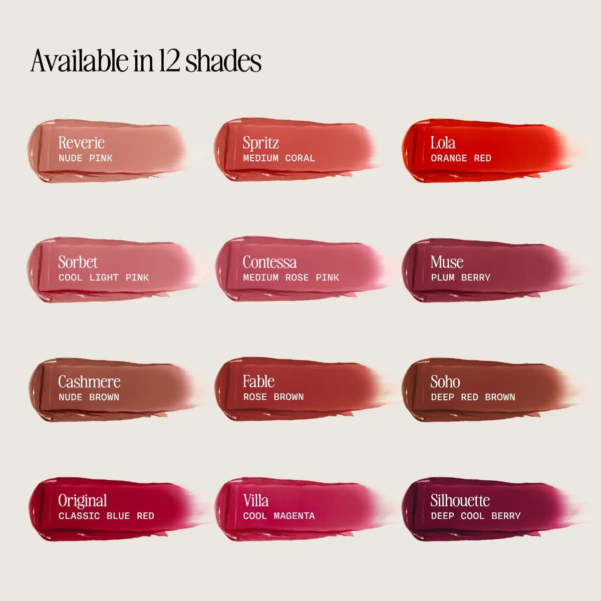 Chart of 12 creamy satin lipstick smears labelled with shade names and descriptions on a beige background