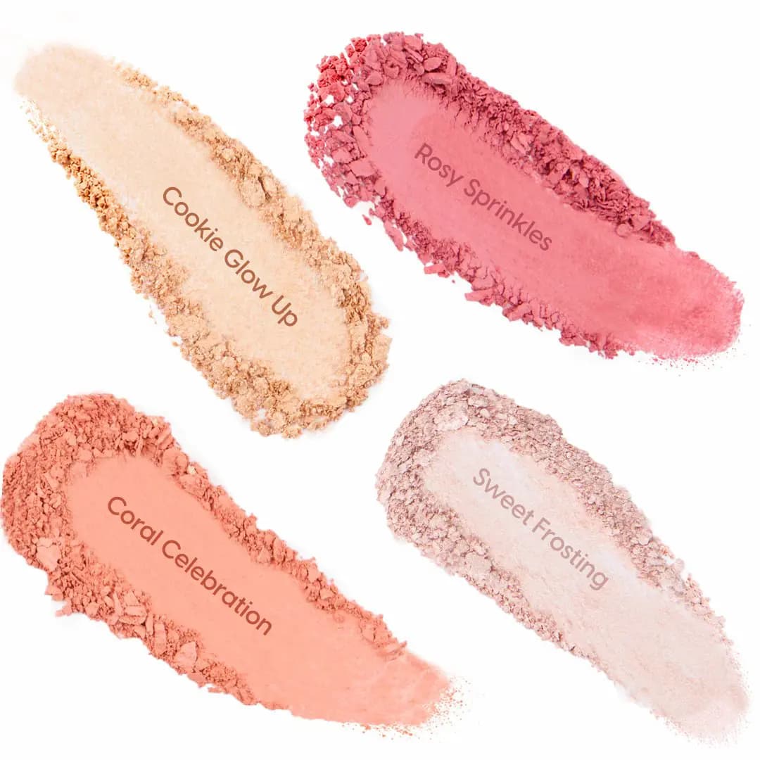 Crushed swatches of Cookie Glow Up, Rosy Sprinkles, Coral Celebration and Sweet Frosting on white
