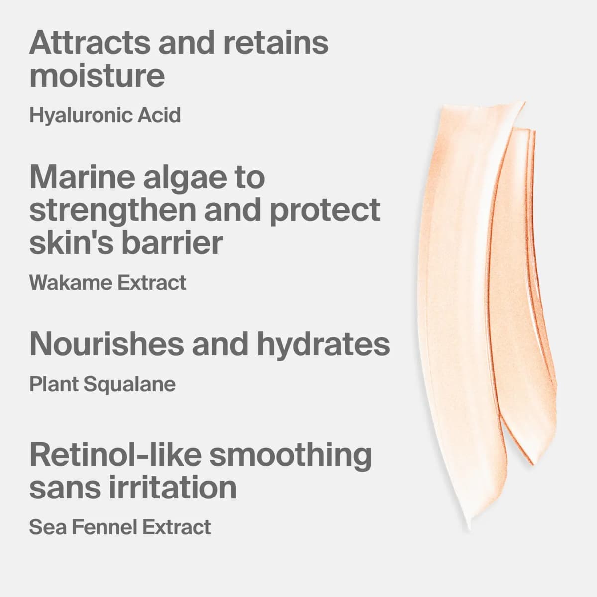 Peachy balm swatches beside text on hyaluronic acid, wakame extract, plant squalane and sea fennel extract