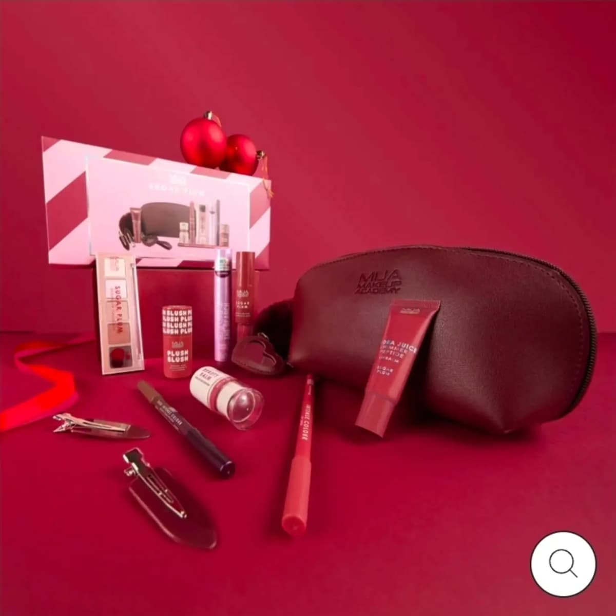 MUA Sugar Plum gift box with burgundy makeup bag, Plush Blush, palette, Hydra Juice lip balm, lip liner and hair clips.