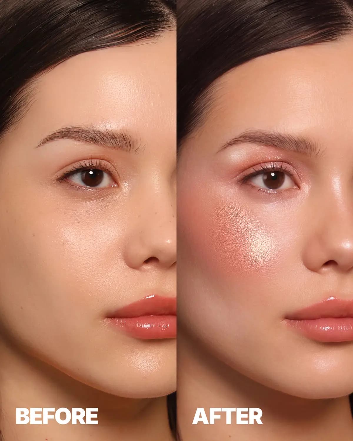 Split before and after close-up of a woman's face showing bare skin versus a peachy blush and highlighter application.