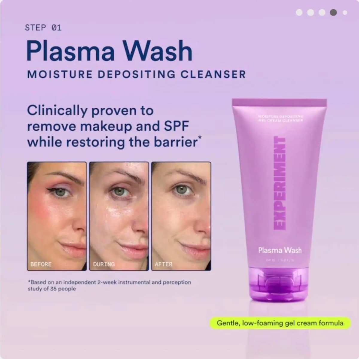 Pink Plasma Wash cleanser tube beside before, during and after photos of makeup being removed from a woman's face