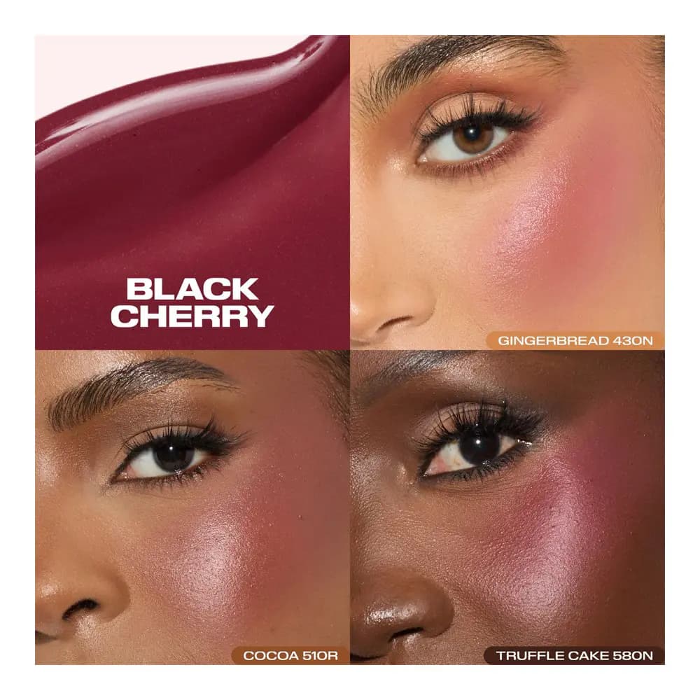 Deep berry Black Cherry liquid blush swatch beside three cheek close-ups on medium to deep skin tones
