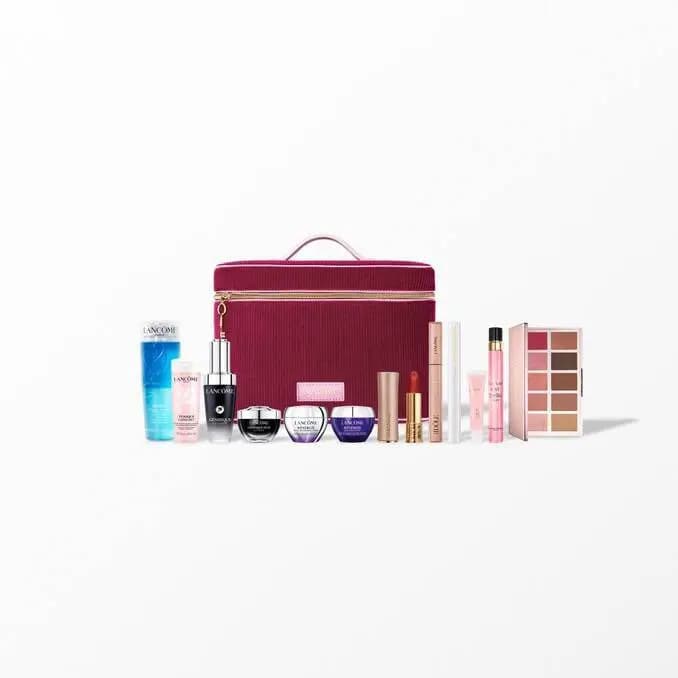 Compact overview of the UK Lancôme Holiday Beauty Box contents arranged around the burgundy vanity on a plain white