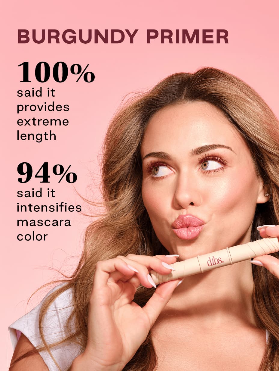 Model with burgundy-tinted lashes holds the tube on pink, beside stats on length and mascara colour intensity
