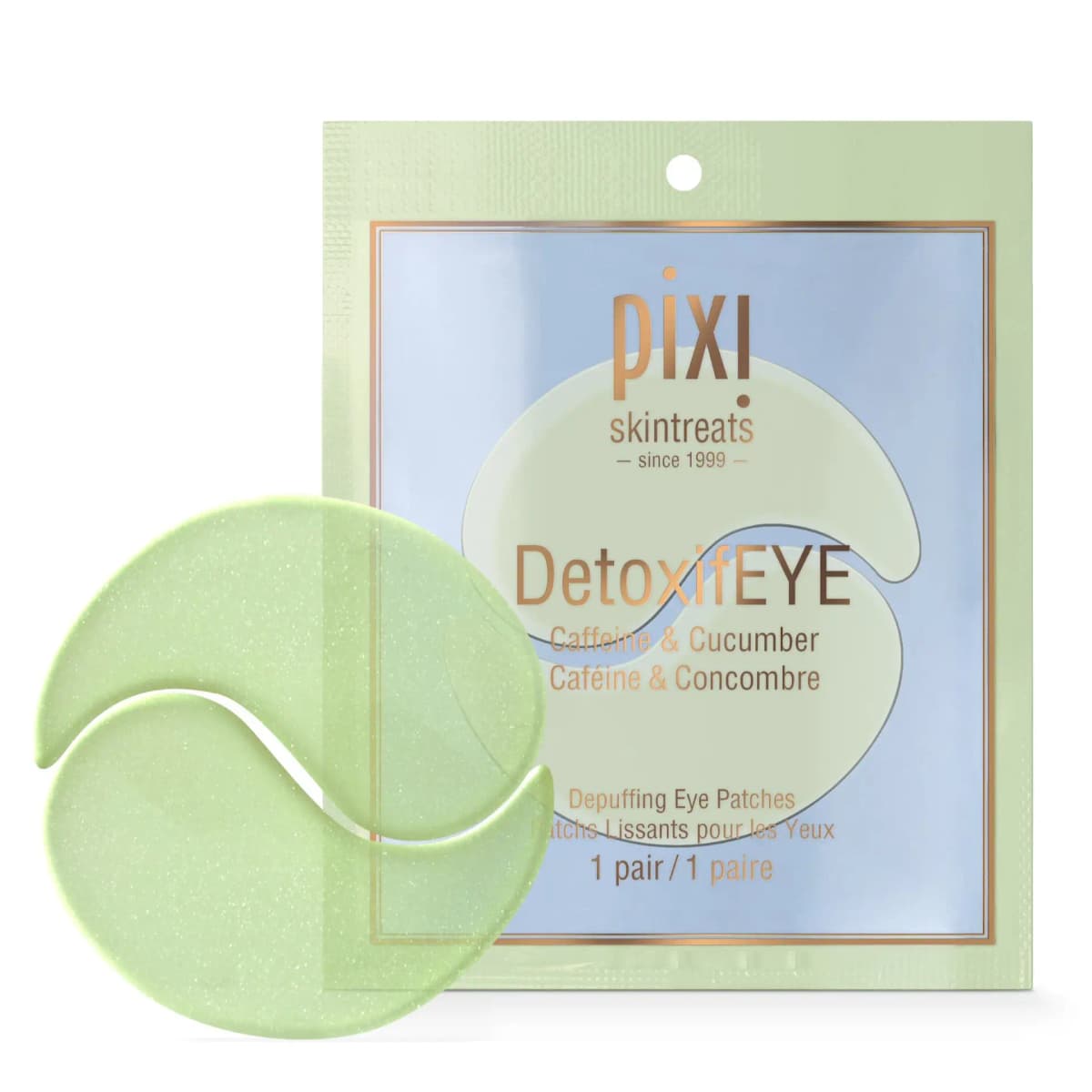 Pixi DetoxifEYE Caffeine & Cucumber depuffing eye patches, mint gel pair in front of a blue and mint sachet
