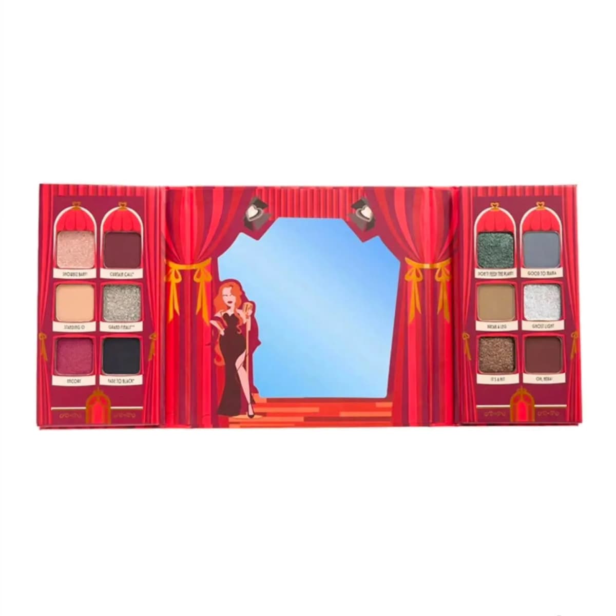 Open 12-pan palette with a stage mirror, red curtain artwork and shimmer, matte and glitter shades