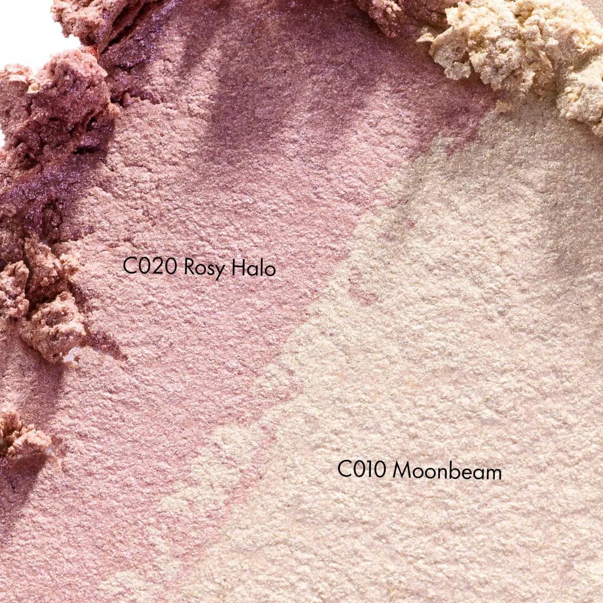 Crushed powder swatches of shades C020 Rosy Halo pink and C010 Moonbeam champagne
