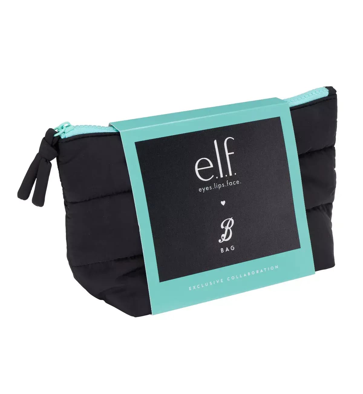 Black quilted puffer makeup bag with teal zip and teal-bordered e.l.f. x B Bag Exclusive Collaboration sleeve