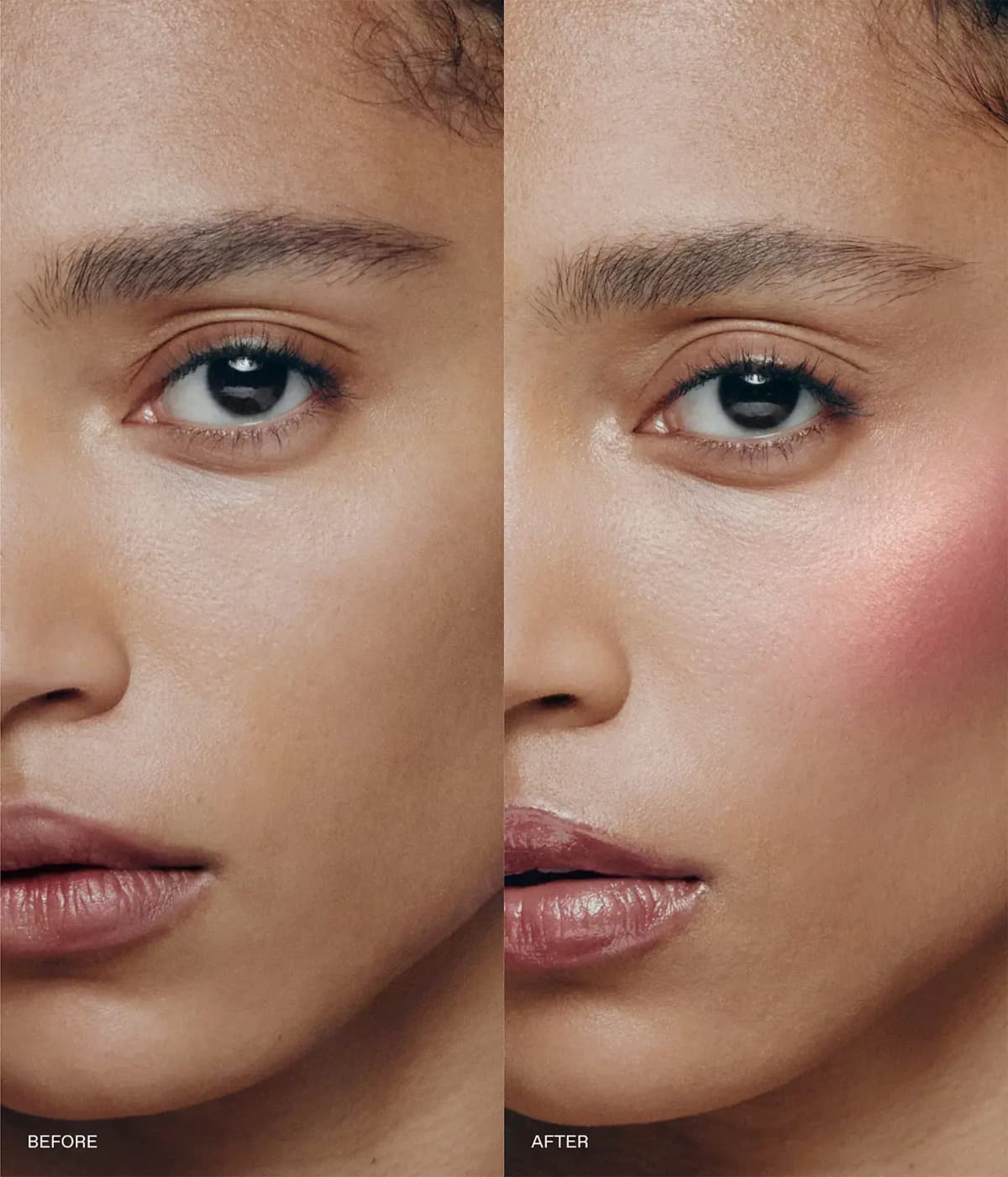 Before-and-after face close-up showing rosy berry blush and soft sheen added to the cheekbone