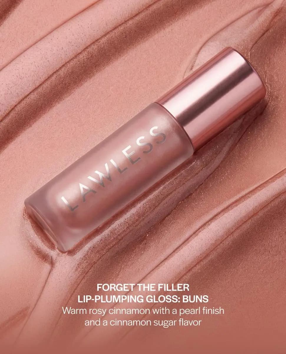 Lawless Forget The Filler Lip-Plumping Gloss in Buns, a warm rosy cinnamon with a pearl finish, on a rosy swirl background