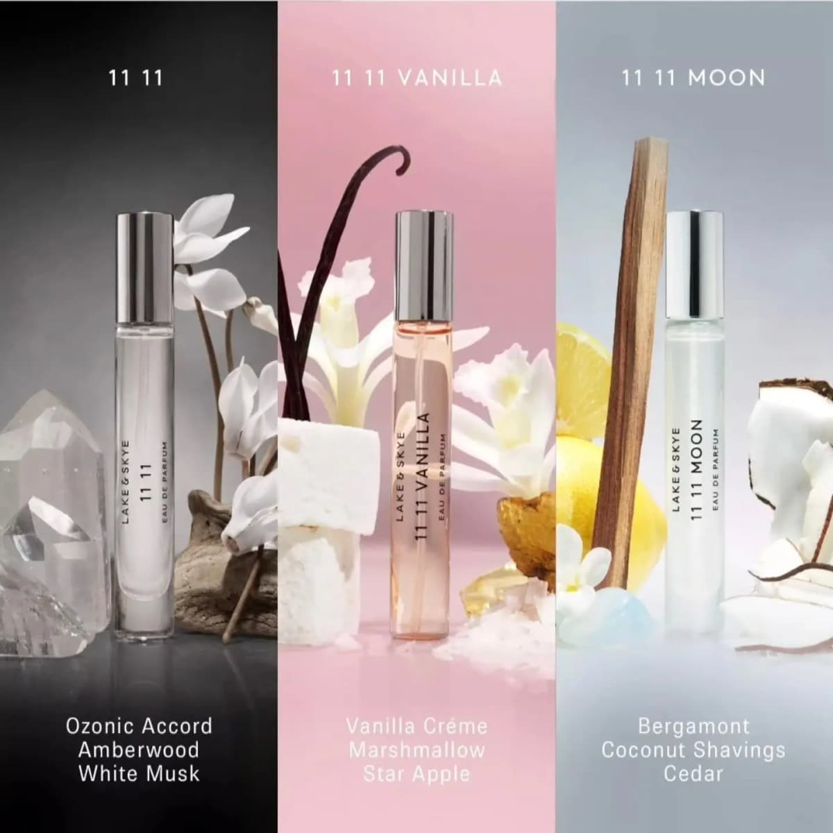 Triptych comparing 11 11, 11 11 Vanilla, and 11 11 Moon sprays with their key ingredients like crystals, vanilla