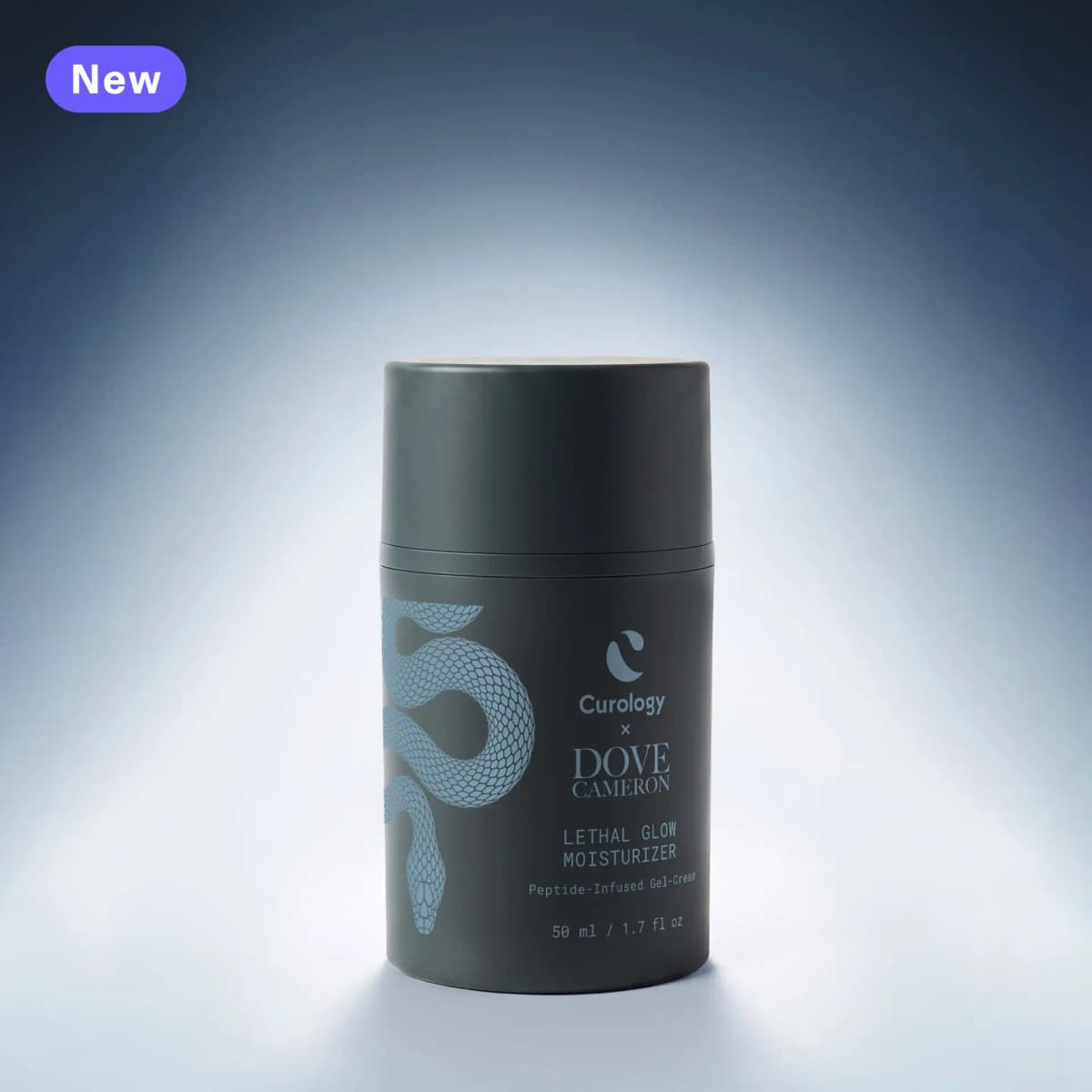 Dark grey Lethal Glow Moisturizer pump jar with a pale blue snake print on a blue gradient backdrop