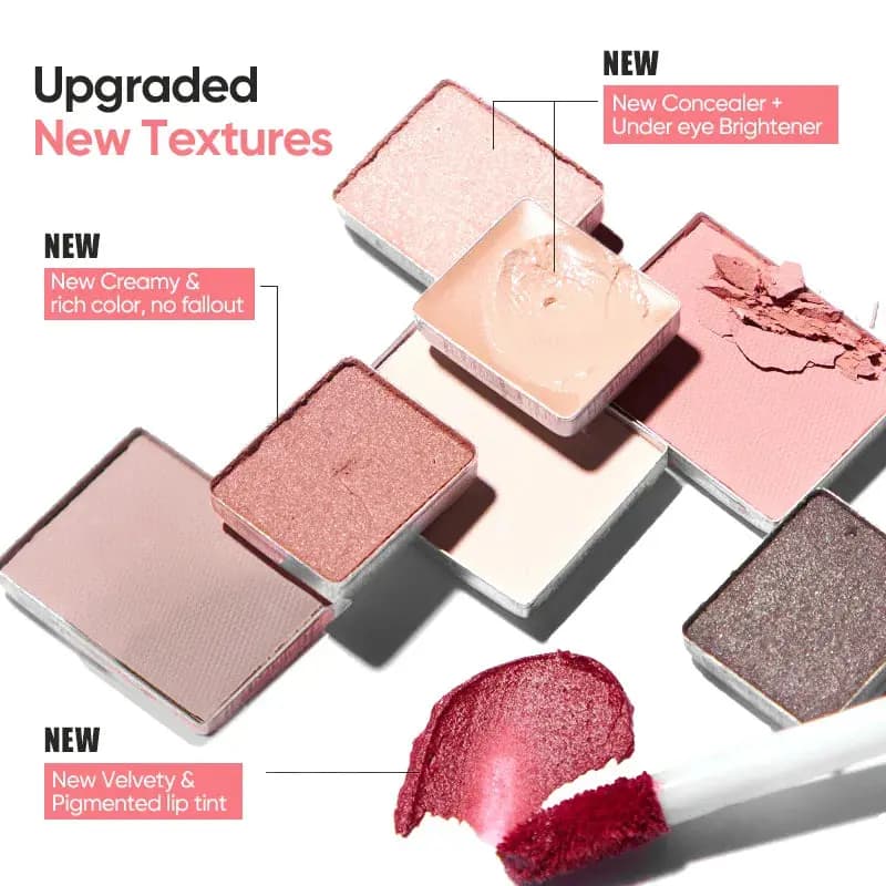 Upgraded palette textures with labeled swatches of creamy shadows, concealer, under-eye brightener, and velvety pigmented