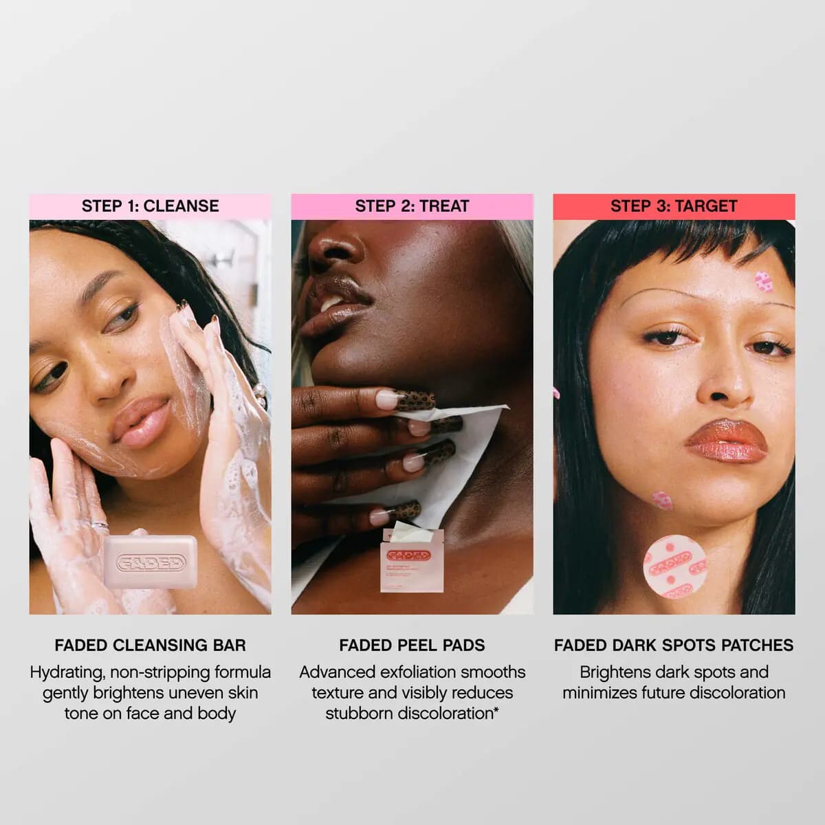 Three panels of models washing with the bar, swiping a peel pad on the neck and wearing pink spot patches