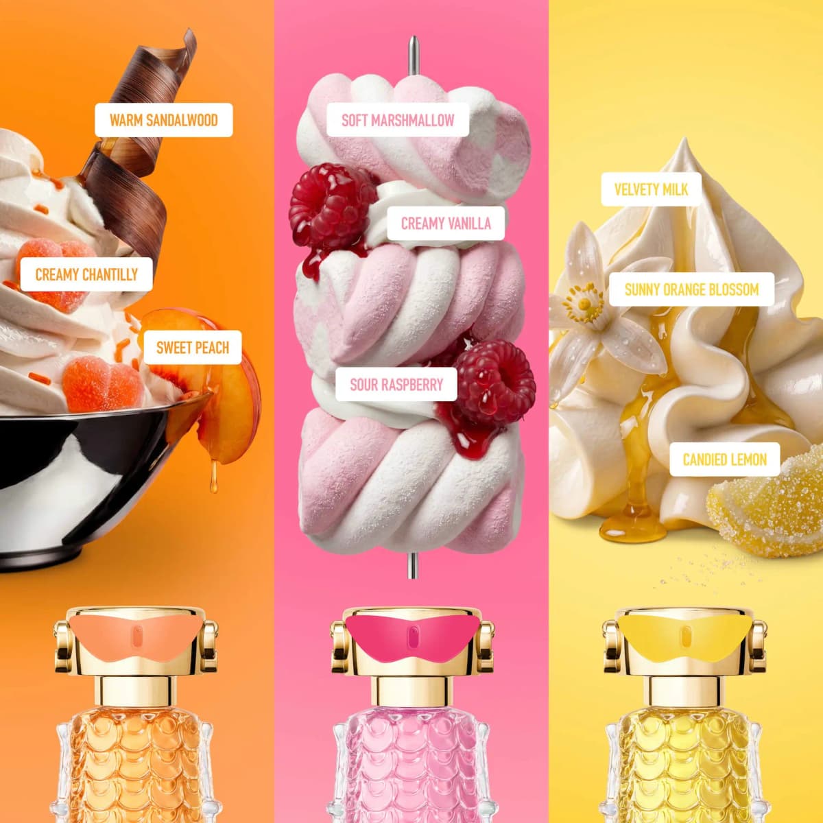 Three bottle tops under note visuals: peach sundae, raspberry marshmallow skewer and lemon cream with orange blossom