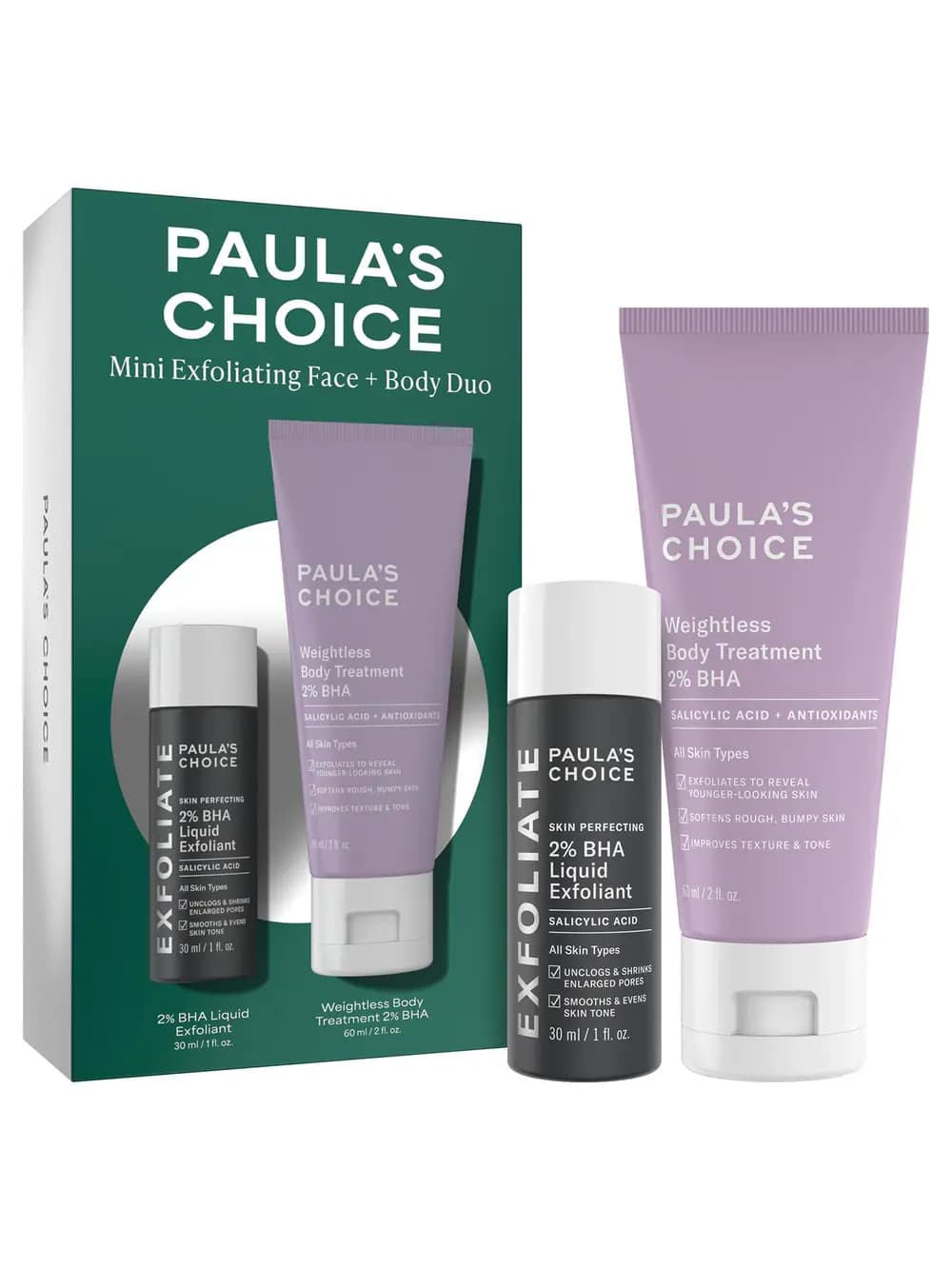 Mini Exfoliating Face + Body Duo with 30 ml 2% BHA Liquid Exfoliant and lilac Weightless Body Treatment tube.
