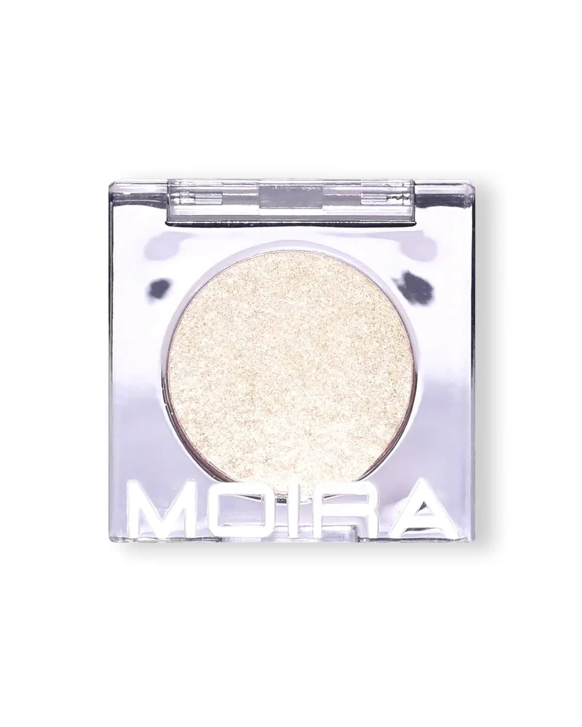 Single Moira compact with a pale champagne shimmer shadow, shown front-on against a white background
