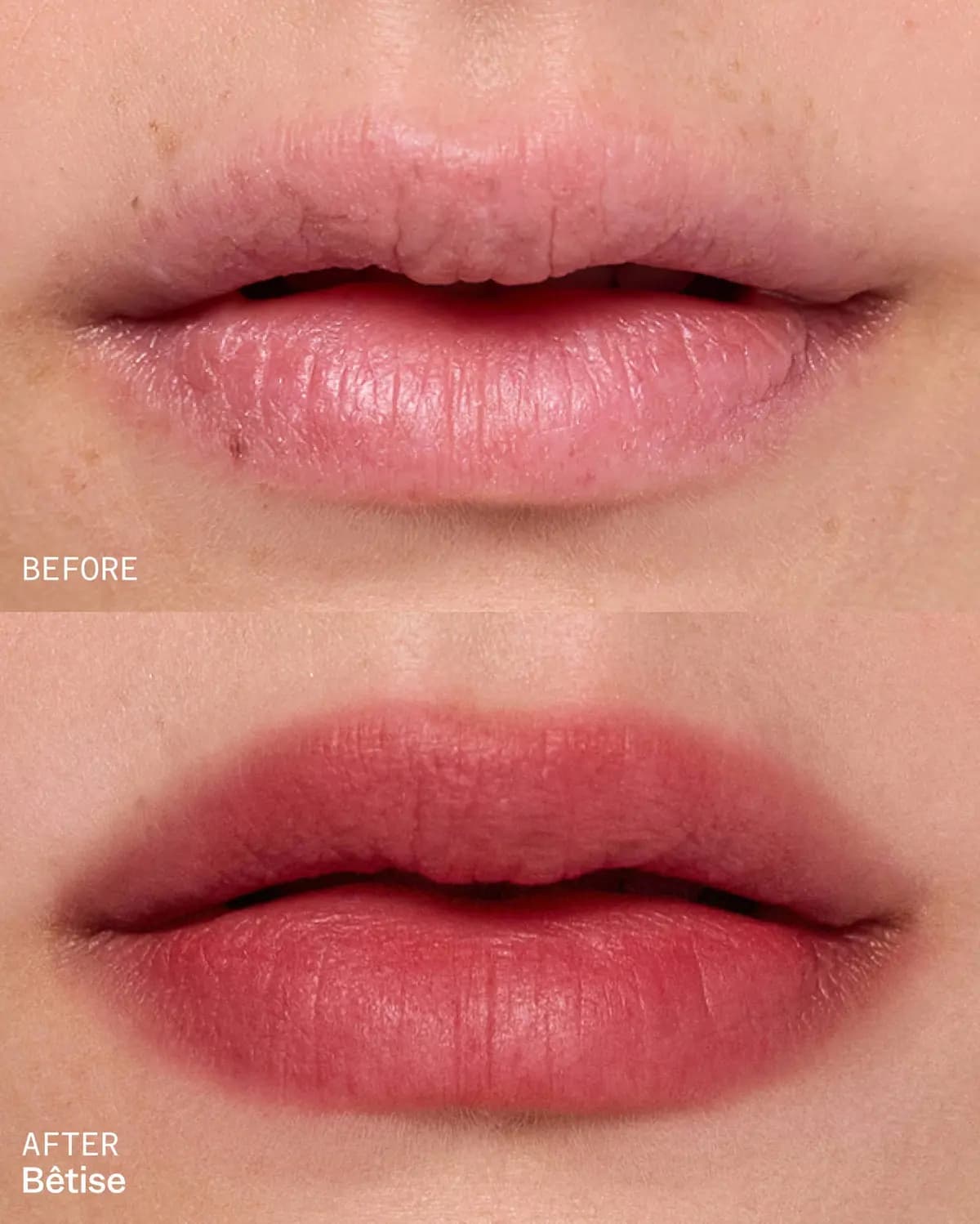 Before and after lips showing a soft, blurred red-rose Bêtise tint on light skin.