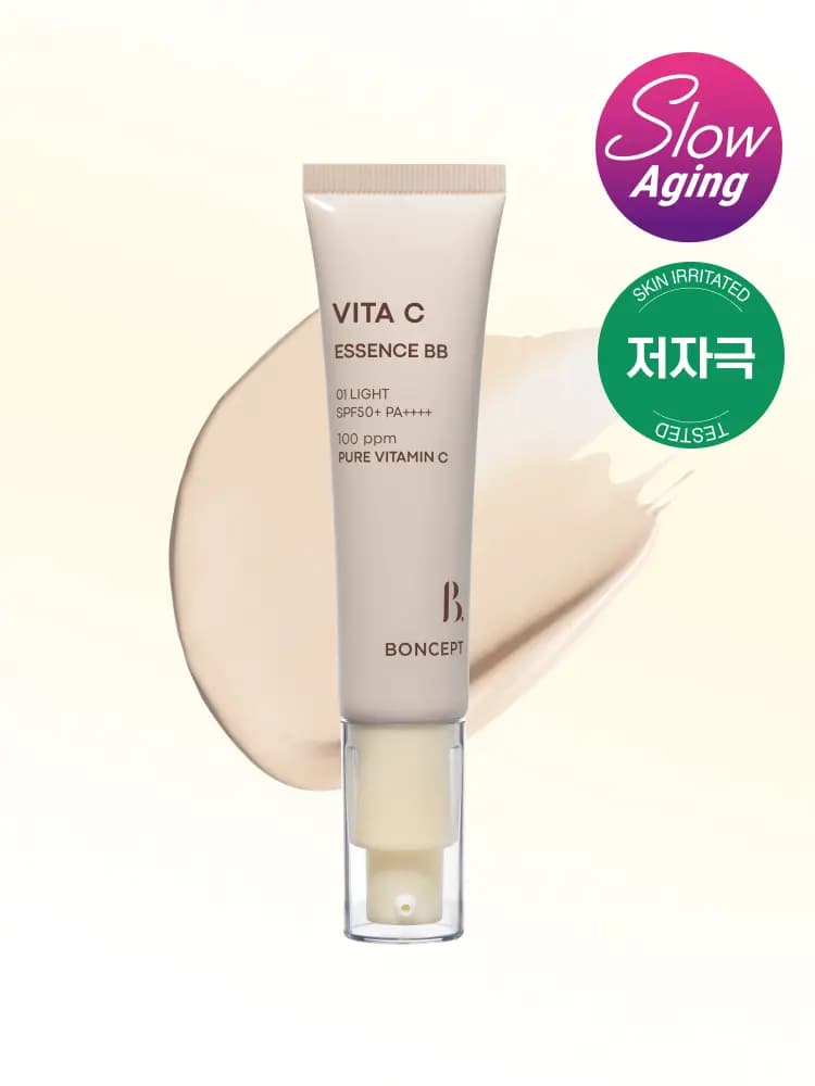Beige Vita C Essence BB tube in 01 Light, SPF50+ PA++++, with a clear pump base and light beige swatch