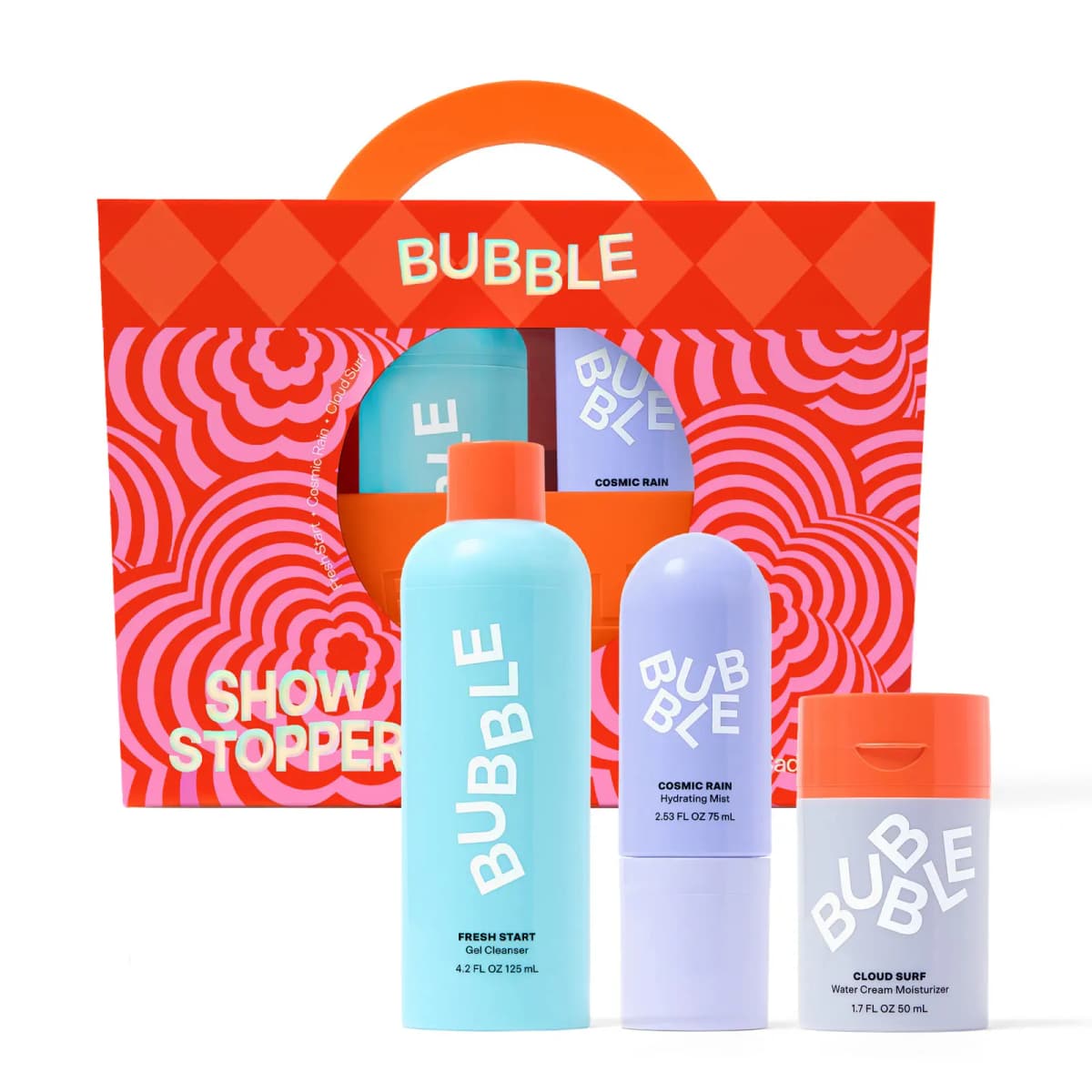 Show Stopper red and pink swirl handled box with Fresh Start cleanser, Cosmic Rain mist and Cloud Surf moisturizer
