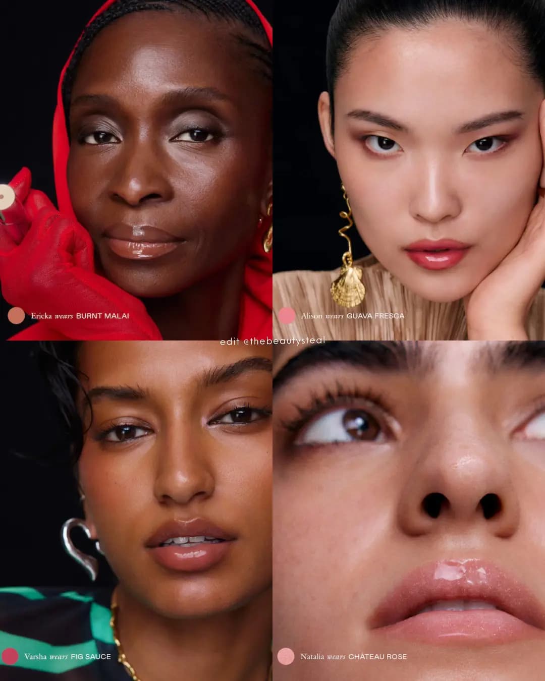 Four close-up portraits of models wearing Burnt Malai, Guava Fresca, Fig Sauce and Château Rose
