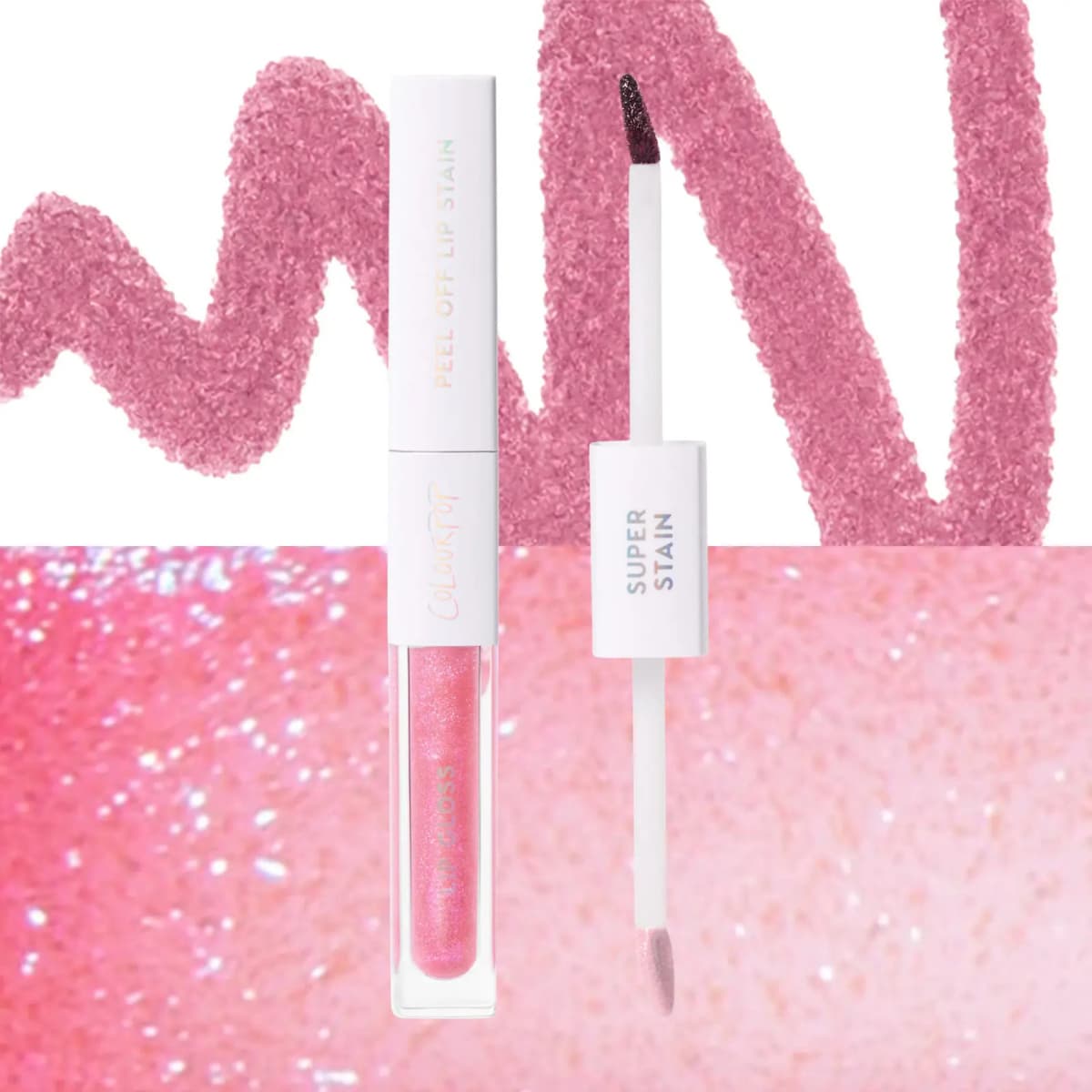 Lip duo with a glittery sheer pink gloss over a rich pink stain scribble and sparkling pink gloss swatch