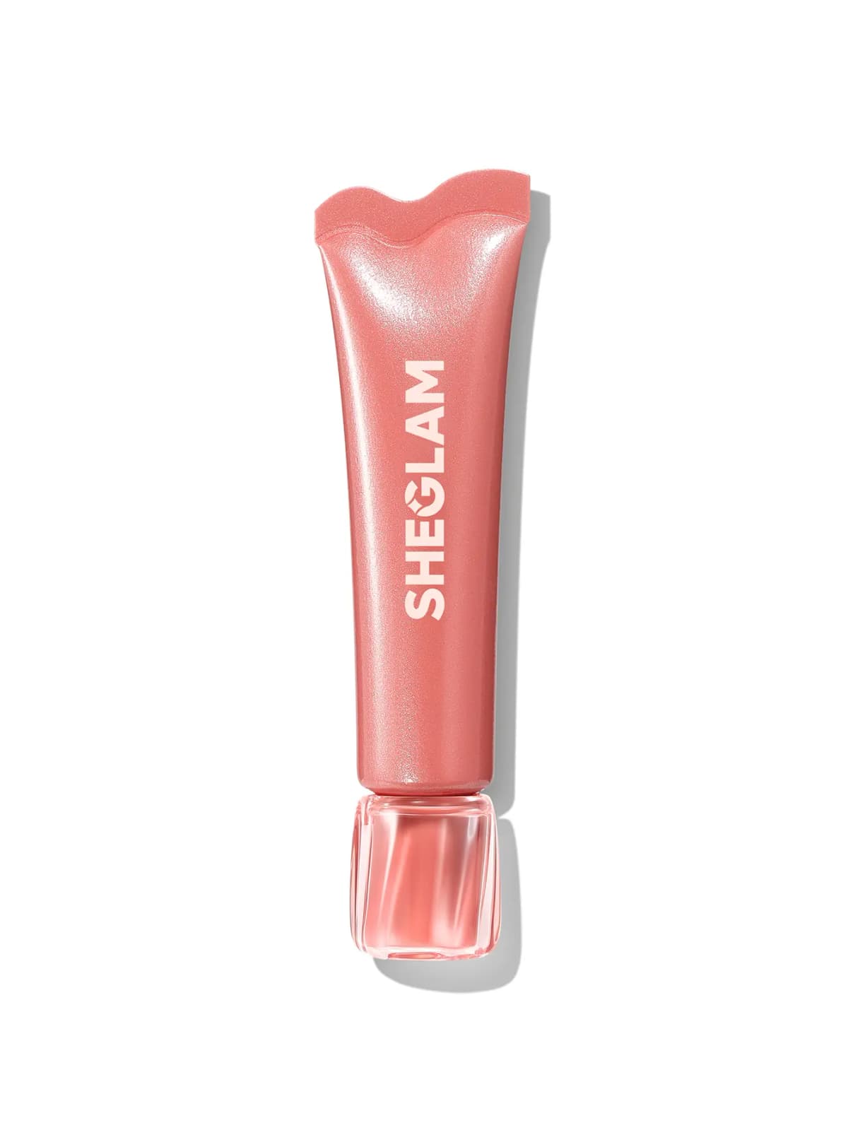 Rosy coral shimmer squeeze tube with a wavy top and clear cap on a white background