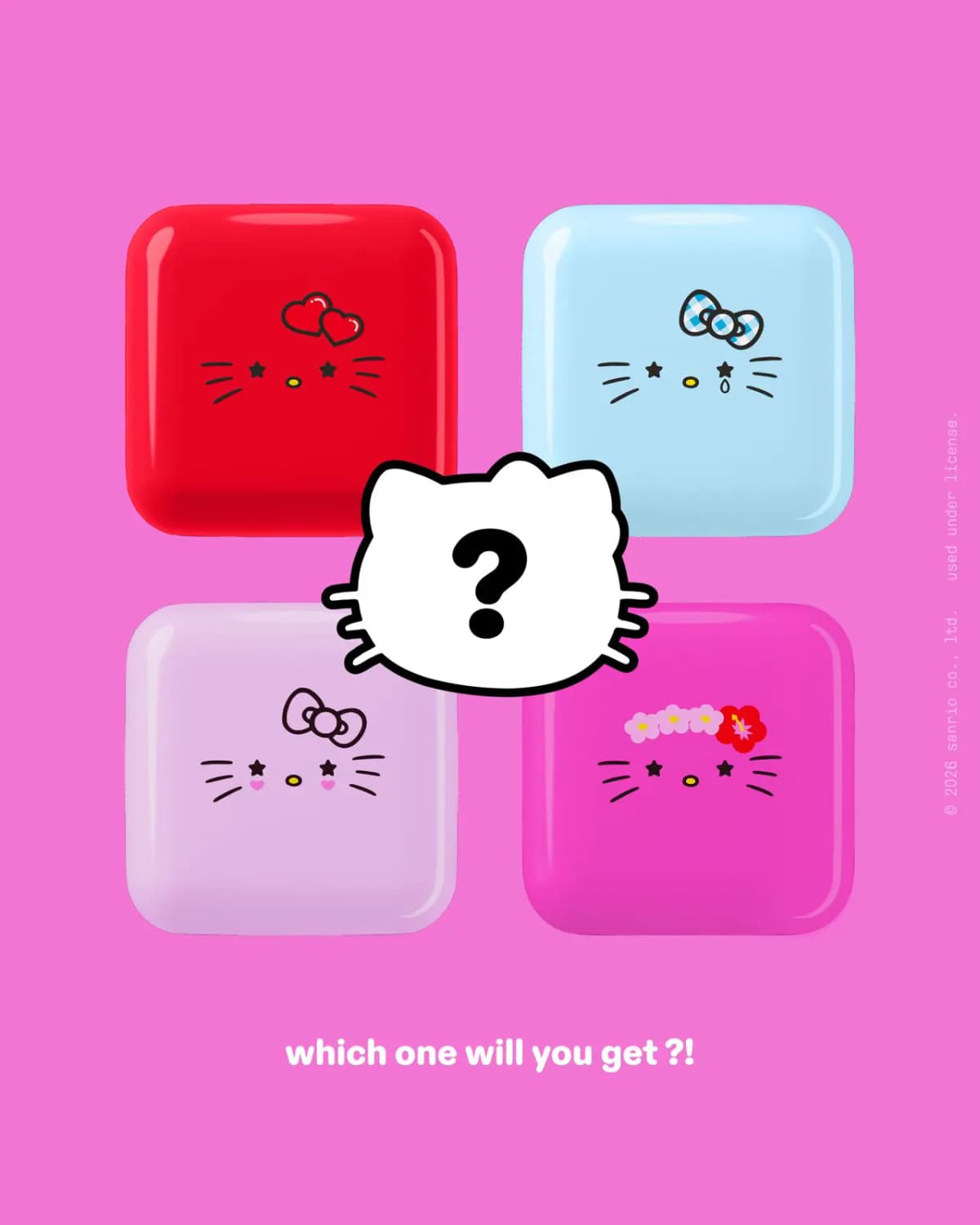 Four compact designs in red, blue, lilac and pink around a Hello Kitty question mark: "which one will you get ?!