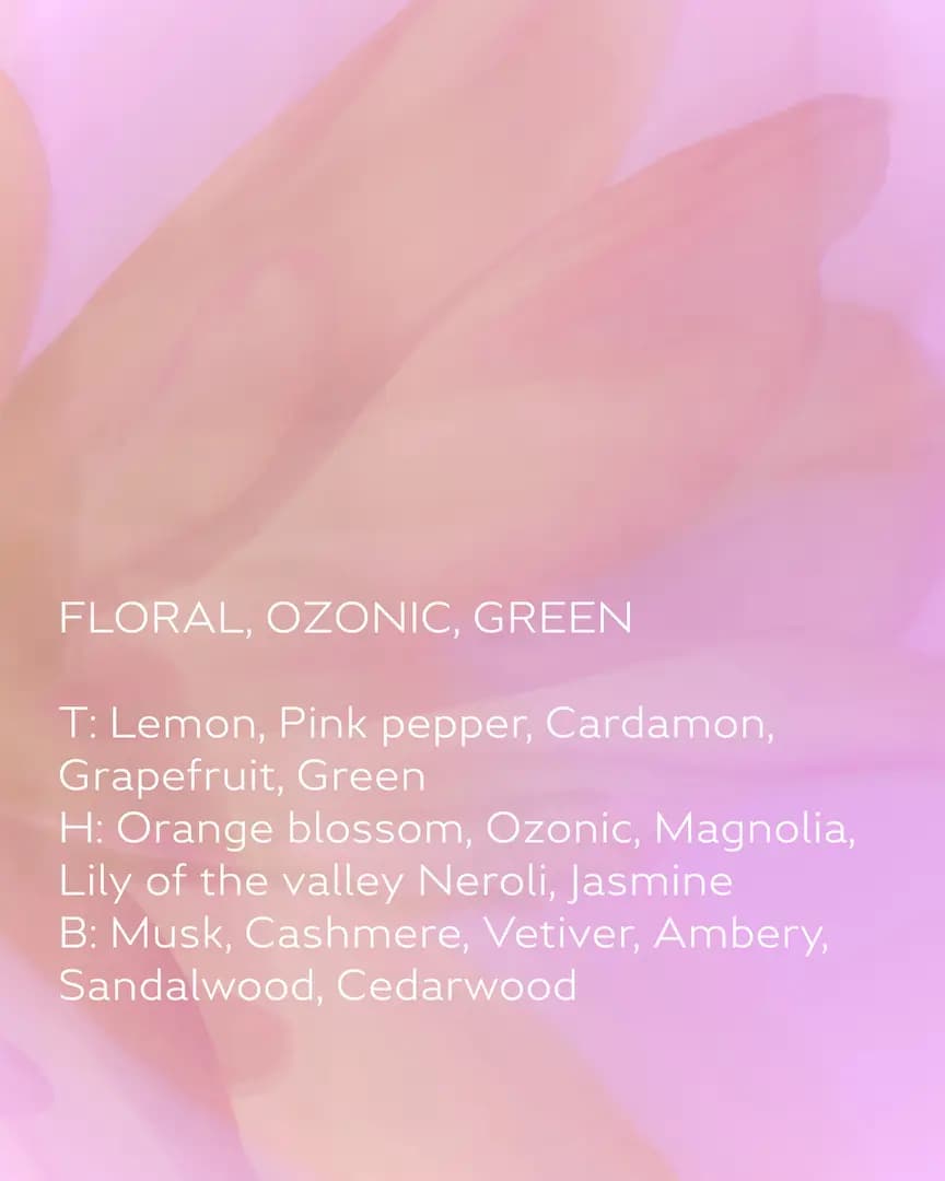 Floral, ozonic, green notes list for 19.12 Flower Frost in white text over soft pink blurred petals