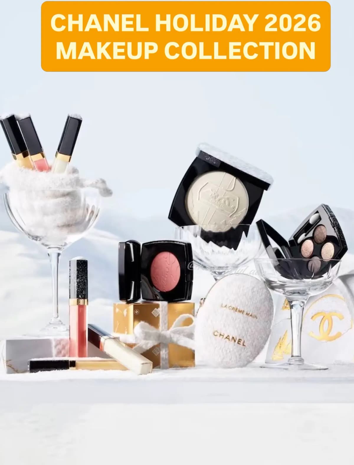 Chanel holiday makeup collection displayed with lip glosses in coupe glass, blush, illuminating powder, eyeshadow quad and
