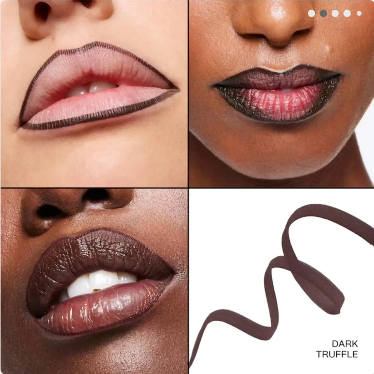 Dark Truffle deep chocolate liner drawn as a sharp lip outline on three models, with a curling swatch