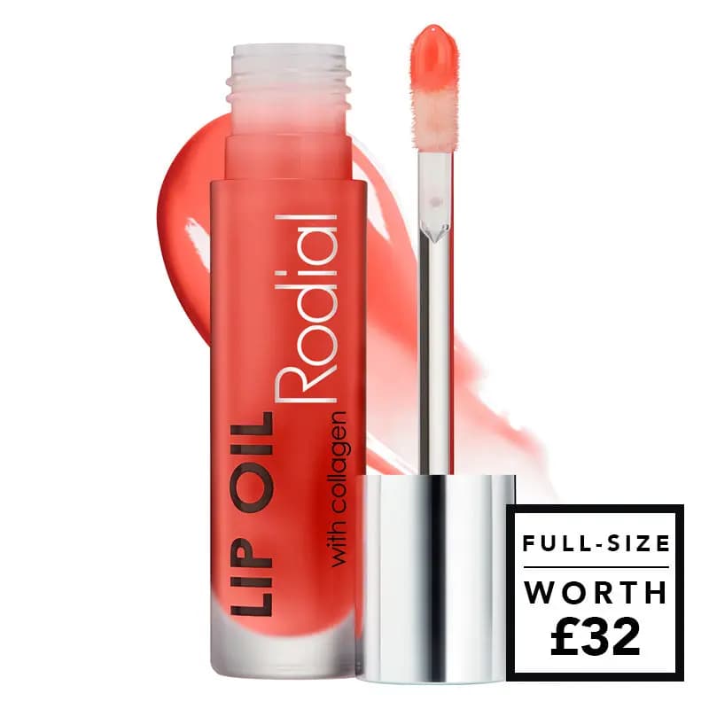 Coral Rodial Lip Oil with collagen tube and doe-foot applicator over glossy swatch, worth £32