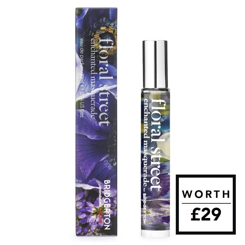 Floral Street Enchanted Masquerade for Bridgerton rollerball perfume with purple floral box, worth £29