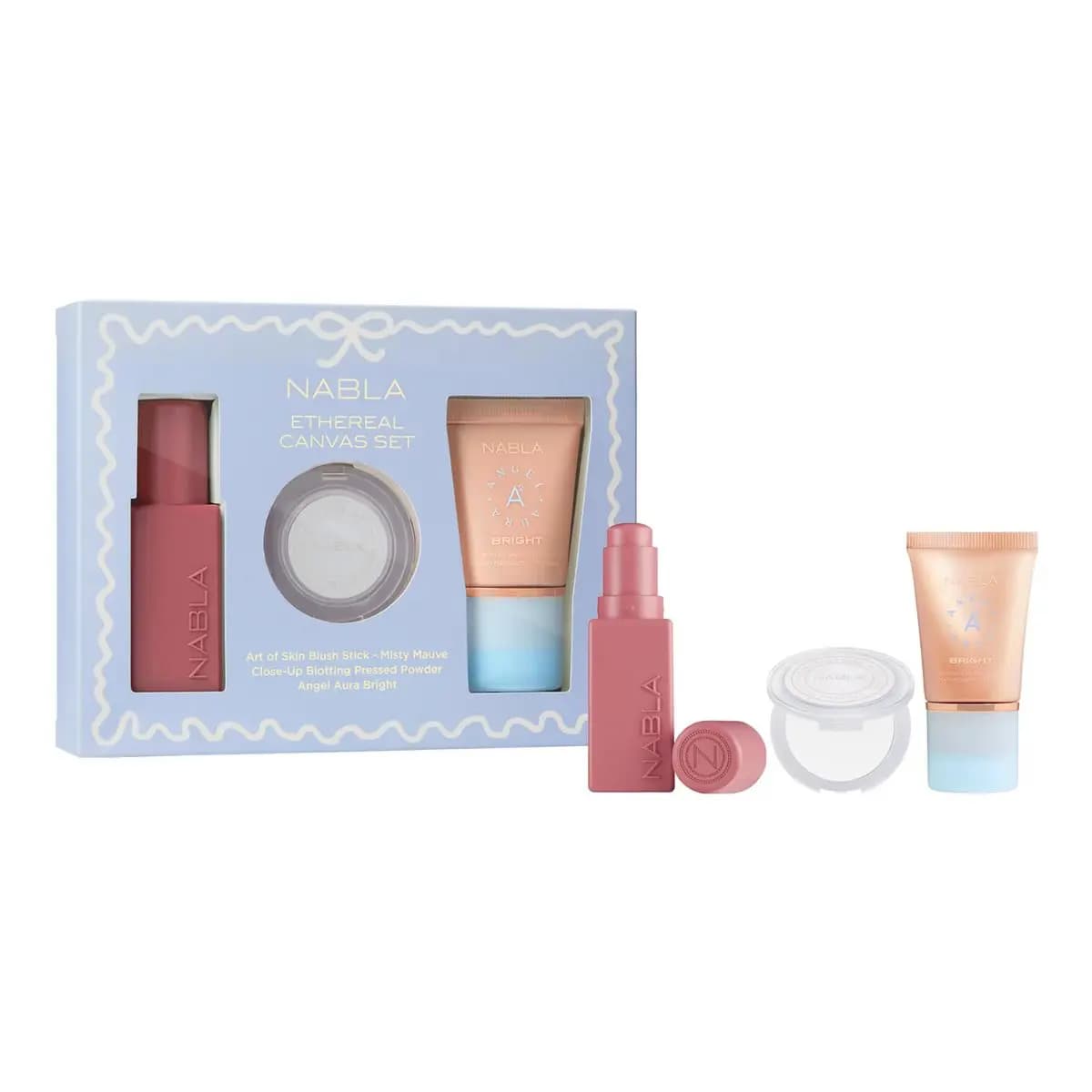 Lilac-blue Ethereal Canvas Set with Misty Mauve blush stick, pressed powder compact and Angel Aura Bright tube
