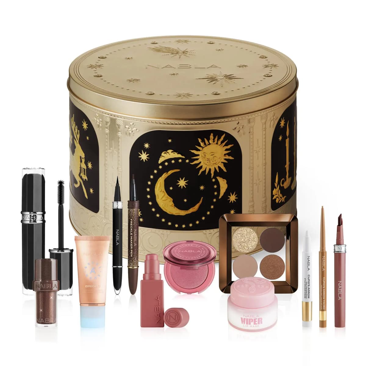 NABLA Advent Calendar 2026 gold embossed tin with sun and moon panels, surrounded by mascara, liners, blush and palette