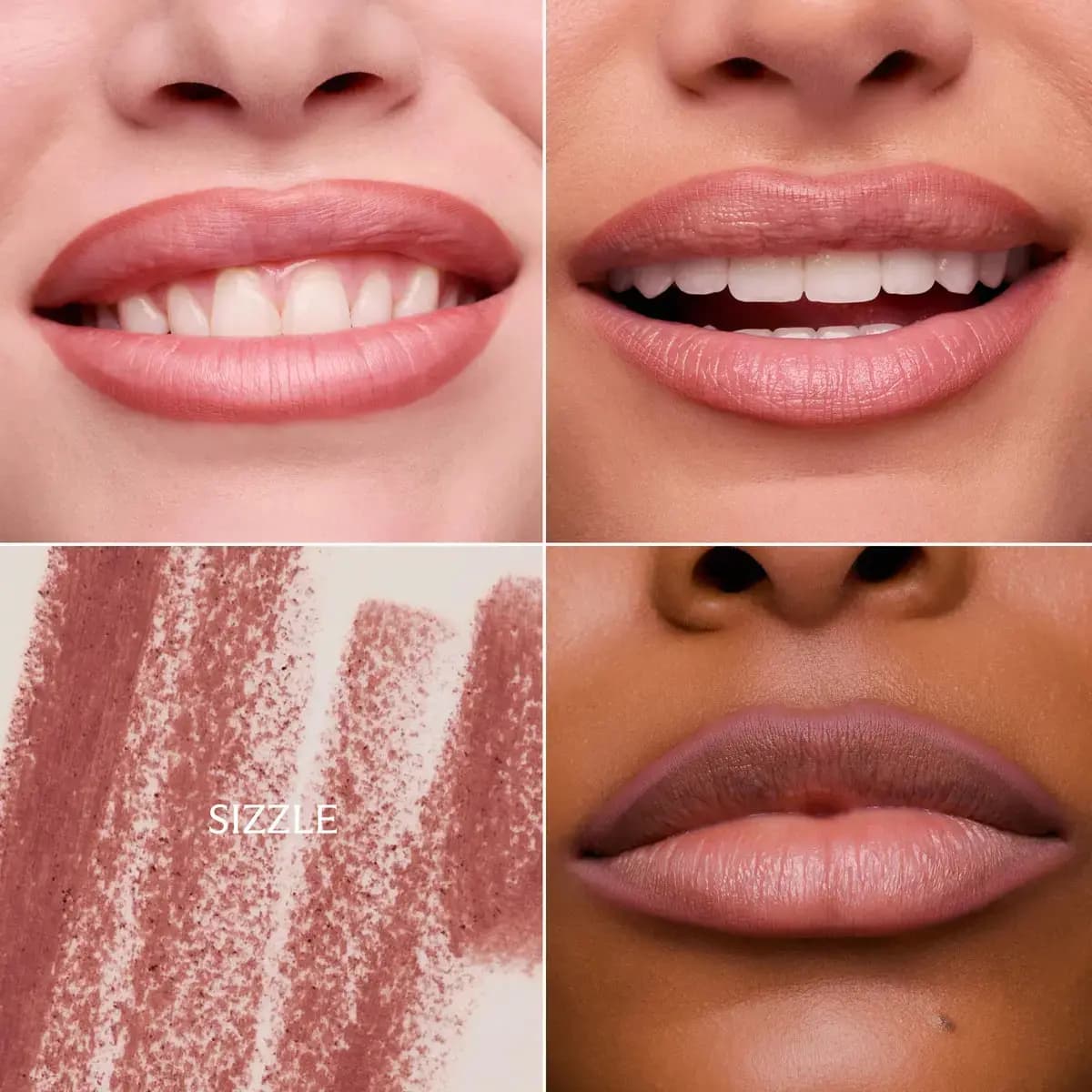 Sizzle lip pencil swatch grid with a matte dusty rose liner on three skin tones and pencil strokes