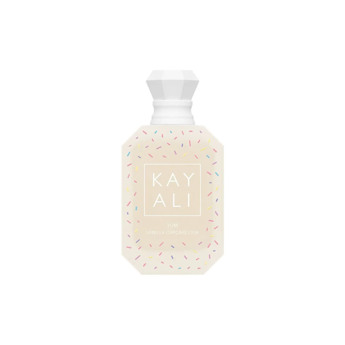 Limited Edition bottle in cream glass printed with pastel rainbow sprinkles and a white faceted cap, on white