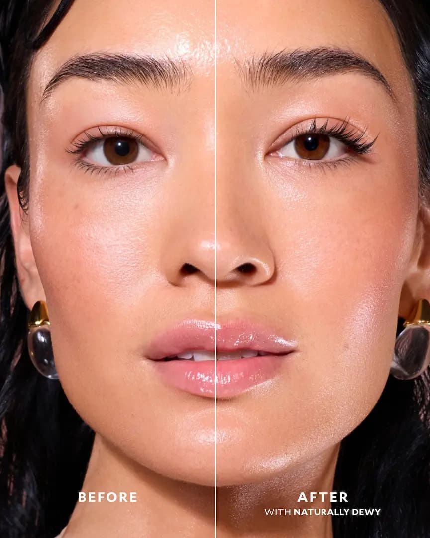 Before-and-after split face of a dewy-skinned model with subtle spiky lashes from Naturally Dewy