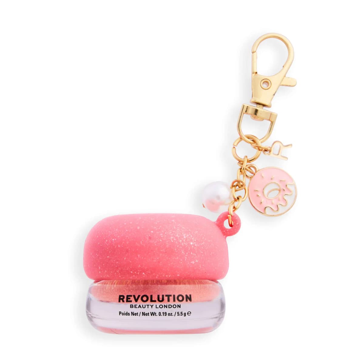 Pink jelly jar with a sparkly pink macaron-style lid, pink donut, pearl and R charms on a gold clasp